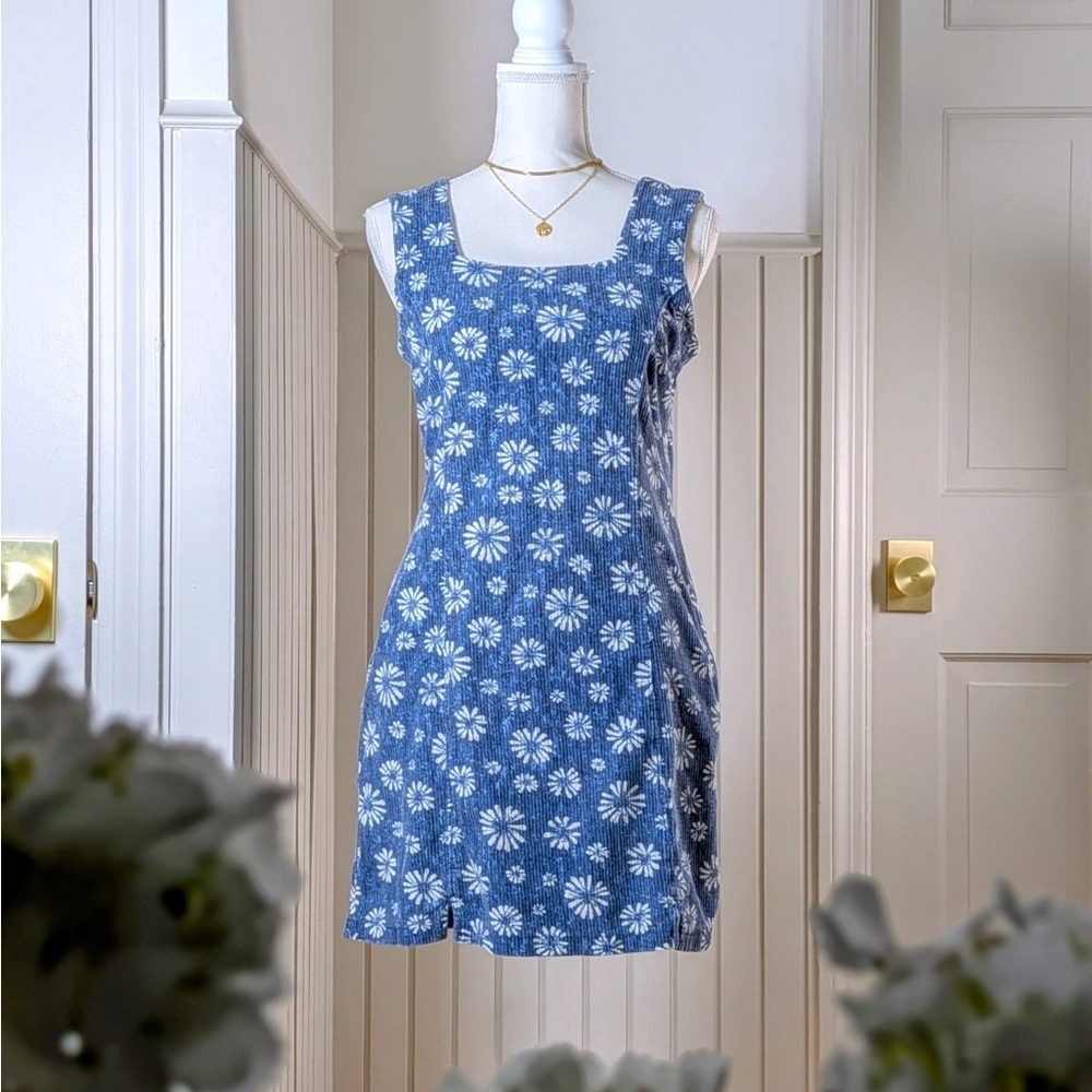 Y2K Liz Claiborne Blue Floral Corduroy Pinafore Mini Dress Square Neck Size S
